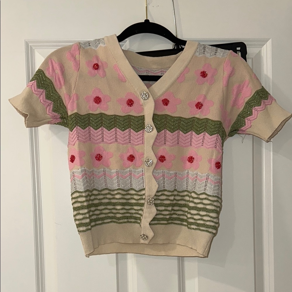 Vintage Women's Floral Knit Cardigan - Pink, Green, Cream